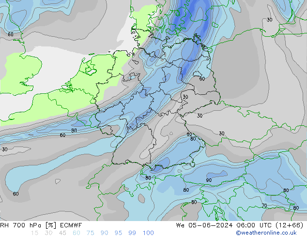 Humidité rel. 700 hPa ECMWF mer 05.06.2024 06 UTC