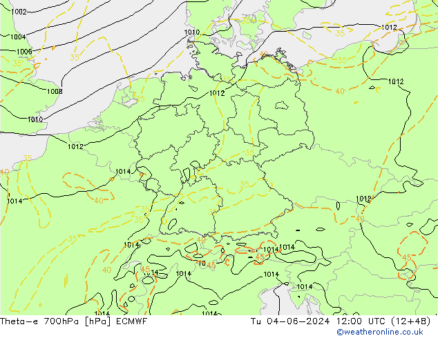 Theta-e 700гПа ECMWF вт 04.06.2024 12 UTC