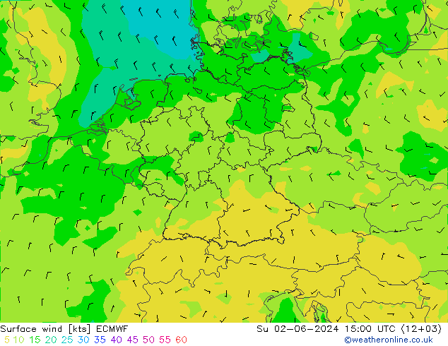 Wind 10 m ECMWF zo 02.06.2024 15 UTC