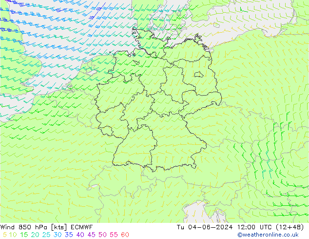 wiatr 850 hPa ECMWF wto. 04.06.2024 12 UTC