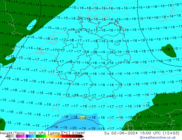 Hoogte/Temp. 500 hPa ECMWF zo 02.06.2024 15 UTC