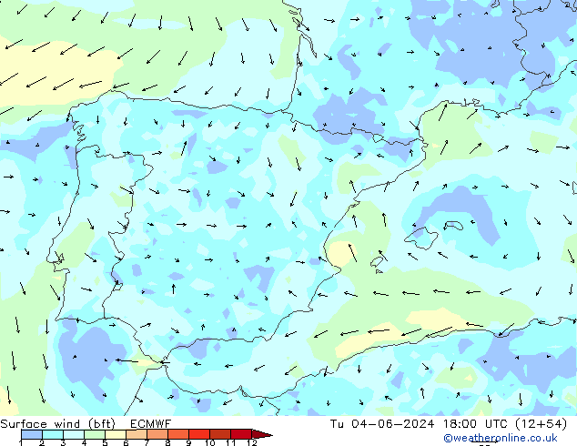 Viento 10 m (bft) ECMWF mar 04.06.2024 18 UTC