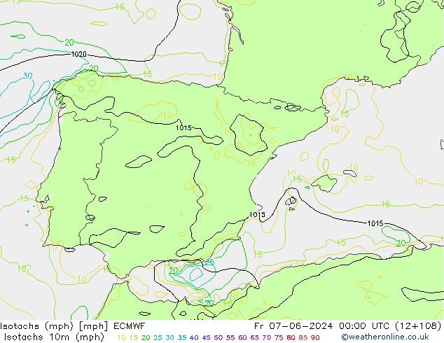 Isotaca (mph) ECMWF vie 07.06.2024 00 UTC
