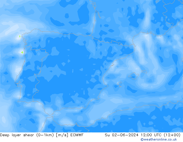 Deep layer shear (0-1km) ECMWF zo 02.06.2024 12 UTC