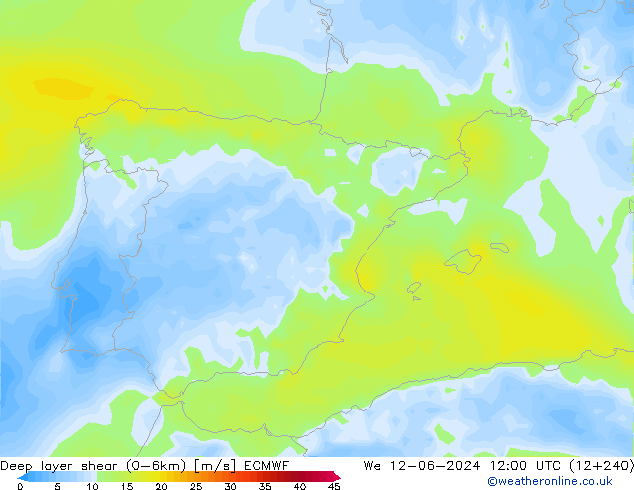 Deep layer shear (0-6km) ECMWF We 12.06.2024 12 UTC