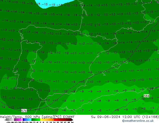 Height/Temp. 500 hPa ECMWF So 09.06.2024 12 UTC