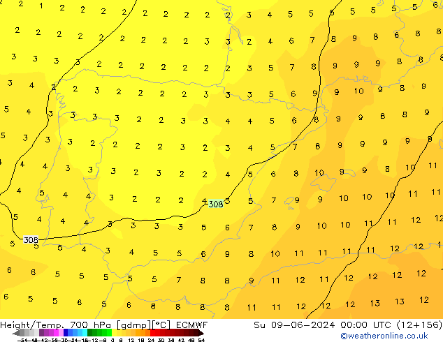 Hoogte/Temp. 700 hPa ECMWF zo 09.06.2024 00 UTC