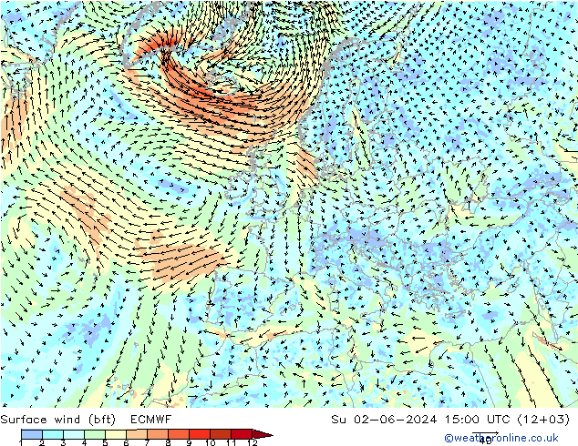 Surface wind (bft) ECMWF Su 02.06.2024 15 UTC