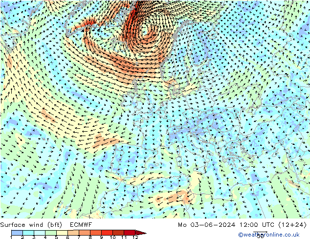 Vento 10 m (bft) ECMWF Seg 03.06.2024 12 UTC