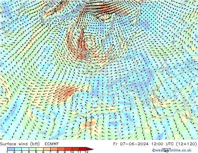 Rüzgar 10 m (bft) ECMWF Cu 07.06.2024 12 UTC