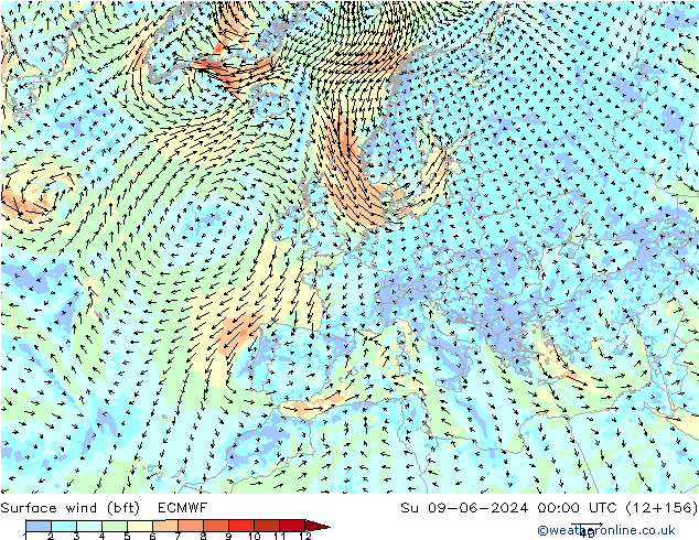 Surface wind (bft) ECMWF Su 09.06.2024 00 UTC