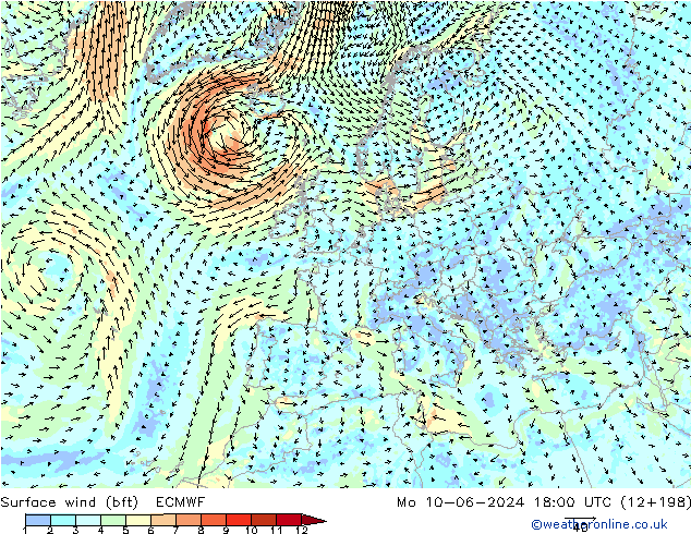 Bodenwind (bft) ECMWF Mo 10.06.2024 18 UTC