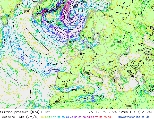 10米等风速线 (kph) ECMWF 星期一 03.06.2024 12 UTC