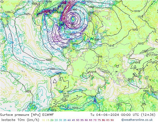 Isotachs (kph) ECMWF Tu 04.06.2024 00 UTC