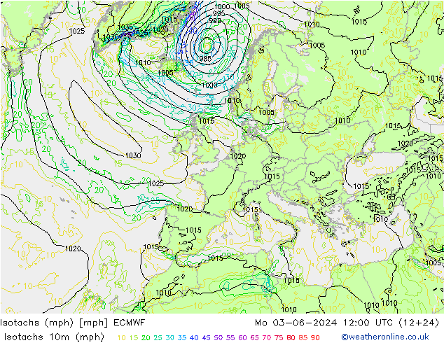 Isotachs (mph) ECMWF 星期一 03.06.2024 12 UTC