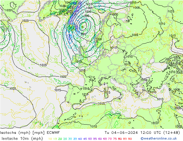 Isotachs (mph) ECMWF вт 04.06.2024 12 UTC