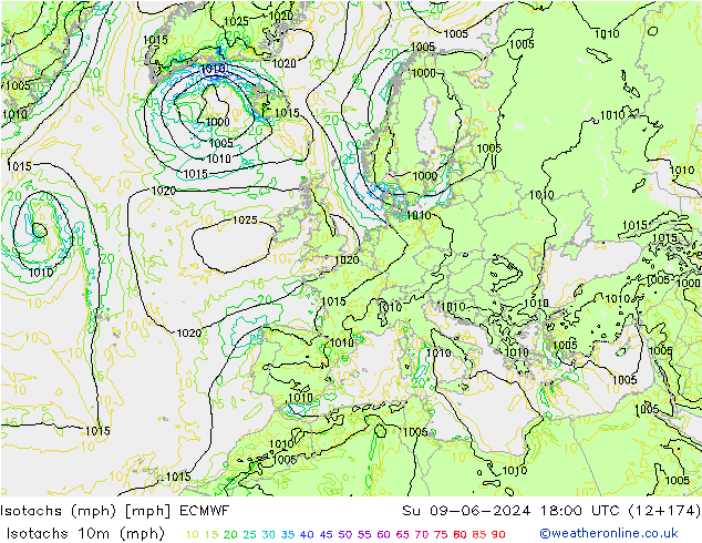 Isotachs (mph) ECMWF Вс 09.06.2024 18 UTC