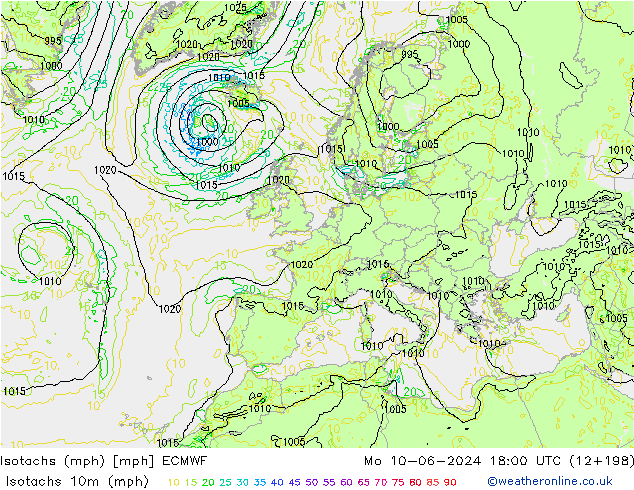 Isotachen (mph) ECMWF Mo 10.06.2024 18 UTC