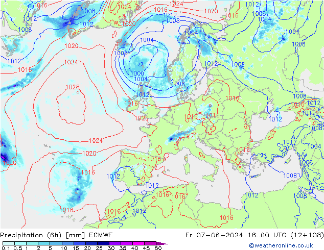 Precipitation (6h) ECMWF Fr 07.06.2024 00 UTC