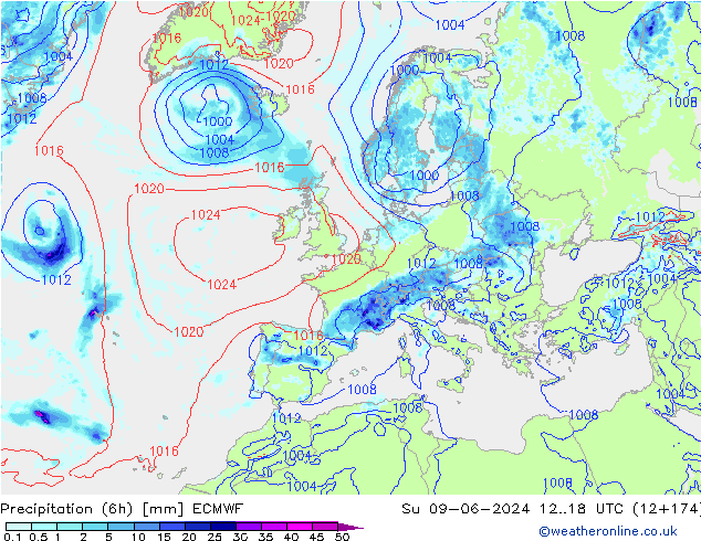 Precipitation (6h) ECMWF Su 09.06.2024 18 UTC