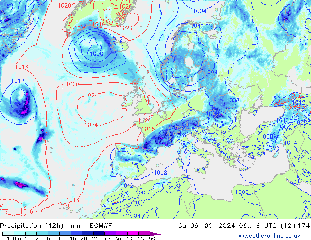 Totale neerslag (12h) ECMWF zo 09.06.2024 18 UTC