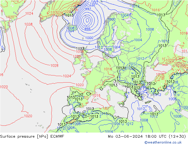 Atmosférický tlak ECMWF Po 03.06.2024 18 UTC