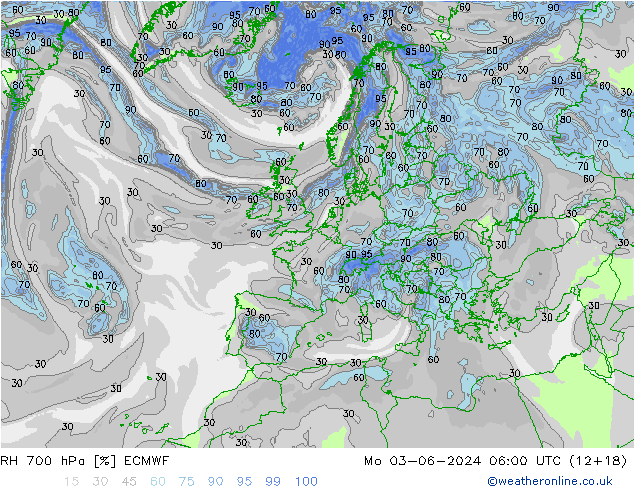 RH 700 hPa ECMWF pon. 03.06.2024 06 UTC