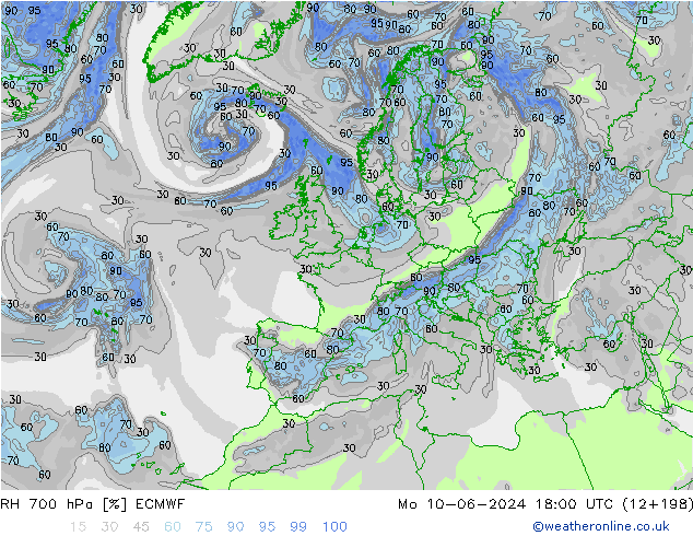 RH 700 hPa ECMWF Mo 10.06.2024 18 UTC