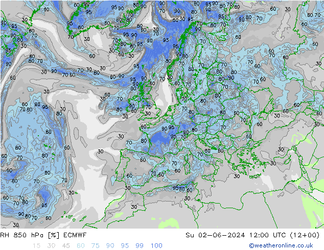 Humidité rel. 850 hPa ECMWF dim 02.06.2024 12 UTC