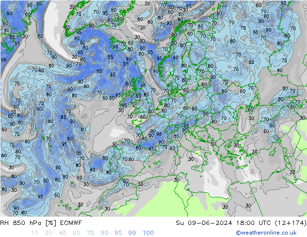 Humidité rel. 850 hPa ECMWF dim 09.06.2024 18 UTC