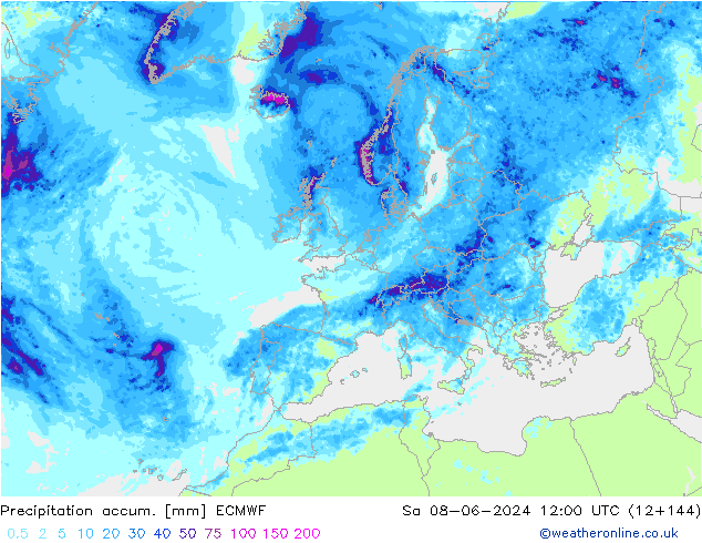 Precipitation accum. ECMWF so. 08.06.2024 12 UTC