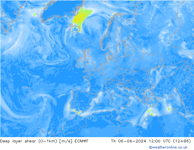 Deep layer shear (0-1km) ECMWF Per 06.06.2024 12 UTC