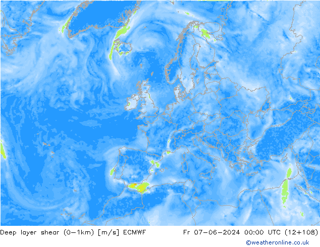 Deep layer shear (0-1km) ECMWF Fr 07.06.2024 00 UTC