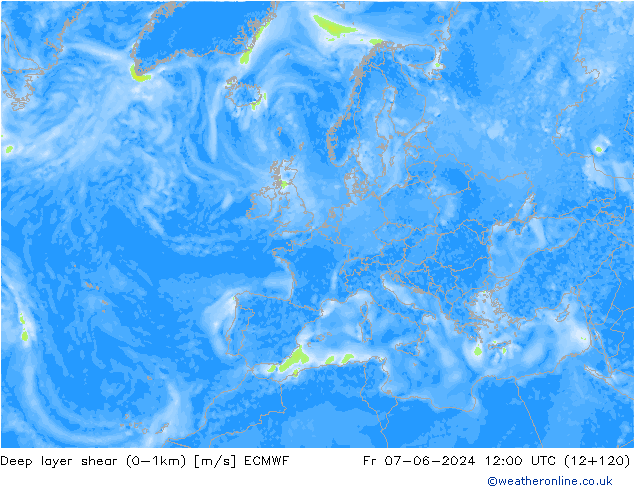 Deep layer shear (0-1km) ECMWF Fr 07.06.2024 12 UTC