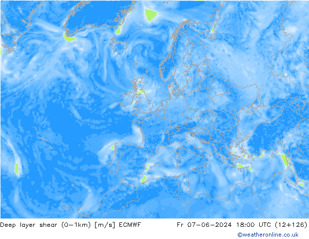 Deep layer shear (0-1km) ECMWF vie 07.06.2024 18 UTC