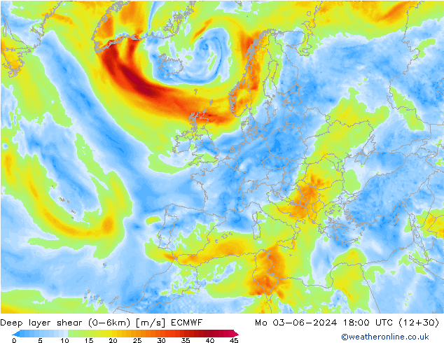 Deep layer shear (0-6km) ECMWF ma 03.06.2024 18 UTC