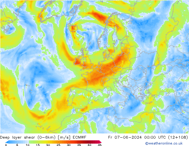 Deep layer shear (0-6km) ECMWF vie 07.06.2024 00 UTC