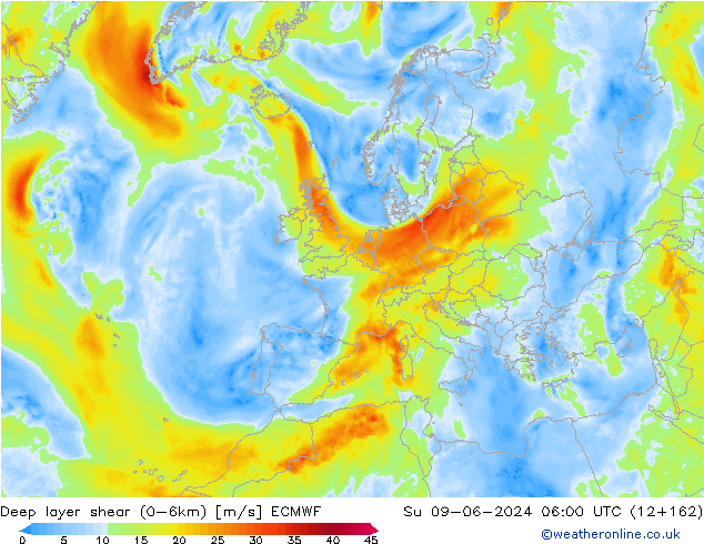 Deep layer shear (0-6km) ECMWF Paz 09.06.2024 06 UTC