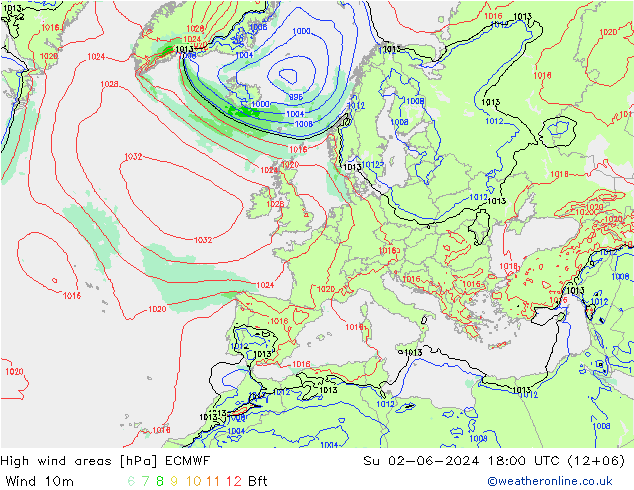 High wind areas ECMWF Вс 02.06.2024 18 UTC