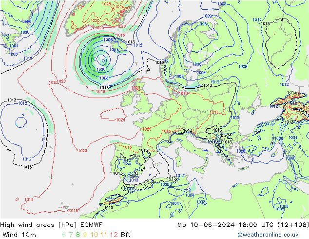 High wind areas ECMWF Mo 10.06.2024 18 UTC