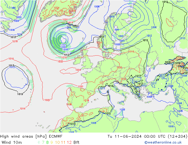 High wind areas ECMWF вт 11.06.2024 00 UTC