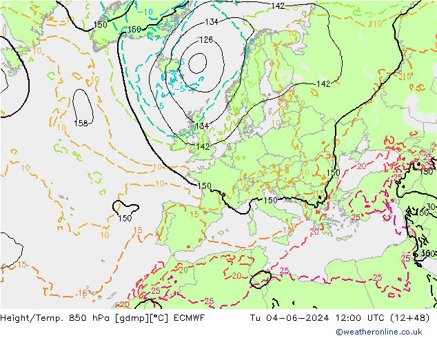 Z500/Rain (+SLP)/Z850 ECMWF Tu 04.06.2024 12 UTC