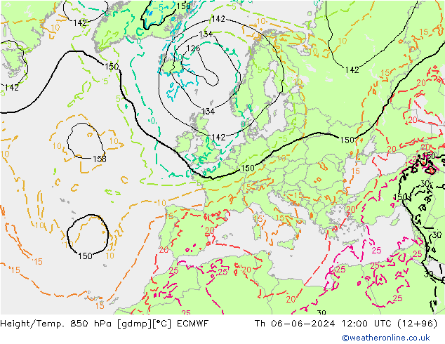 Geop./Temp. 850 hPa ECMWF jue 06.06.2024 12 UTC