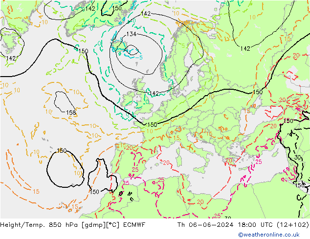 Height/Temp. 850 hPa ECMWF Th 06.06.2024 18 UTC