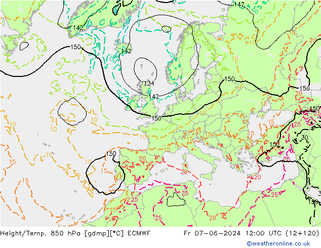 Height/Temp. 850 hPa ECMWF Fr 07.06.2024 12 UTC