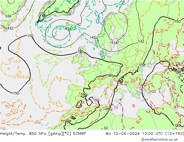 Height/Temp. 850 hPa ECMWF Mo 10.06.2024 12 UTC