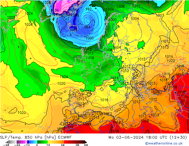 SLP/Temp. 850 hPa ECMWF pon. 03.06.2024 18 UTC