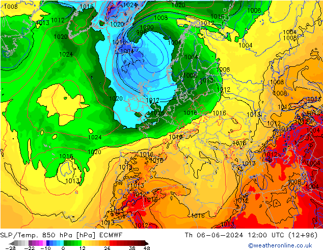 SLP/Temp. 850 hPa ECMWF czw. 06.06.2024 12 UTC