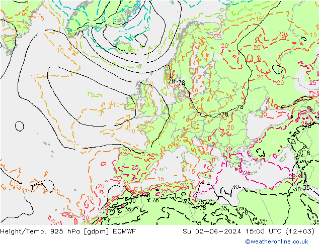 Geop./Temp. 925 hPa ECMWF dom 02.06.2024 15 UTC