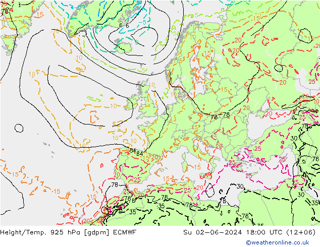 Hoogte/Temp. 925 hPa ECMWF zo 02.06.2024 18 UTC